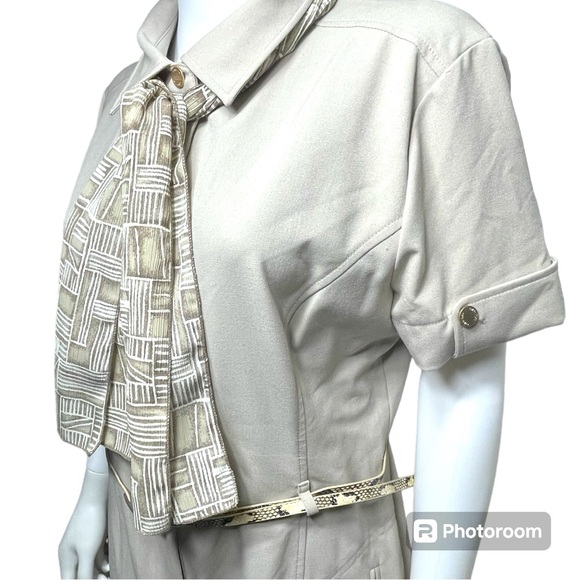 Calvin Klein Beige Button Down Belted Career Dress with Scarf Women's Size 14 - Picture 4 of 12